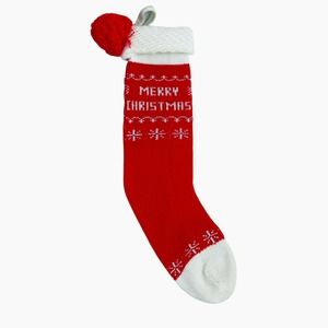 Vintage Knit Christmas Stocking Red Pom Pom White Toe Merry Christmas Message